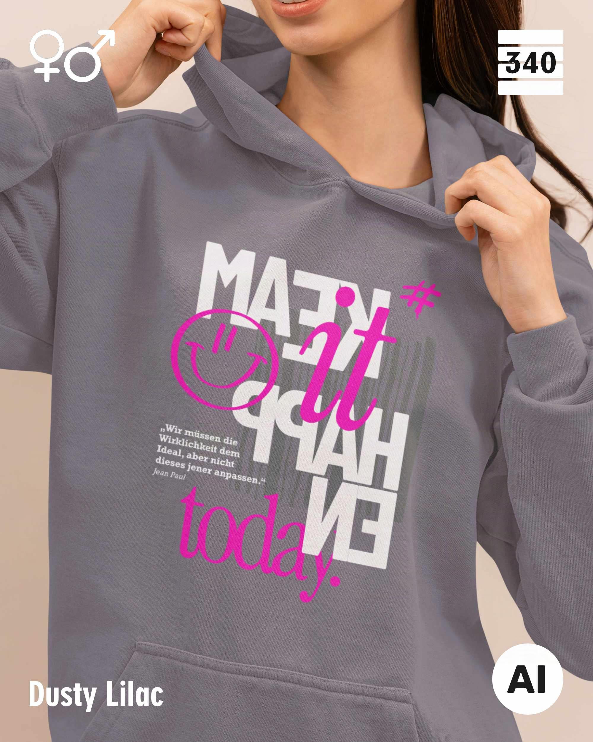 das KI generierte bild zeigt eine frau, die einen Oversized unisex Design-Hoodie in der farbe dusty lilac mit dem motiv "make it happen today" trägt.