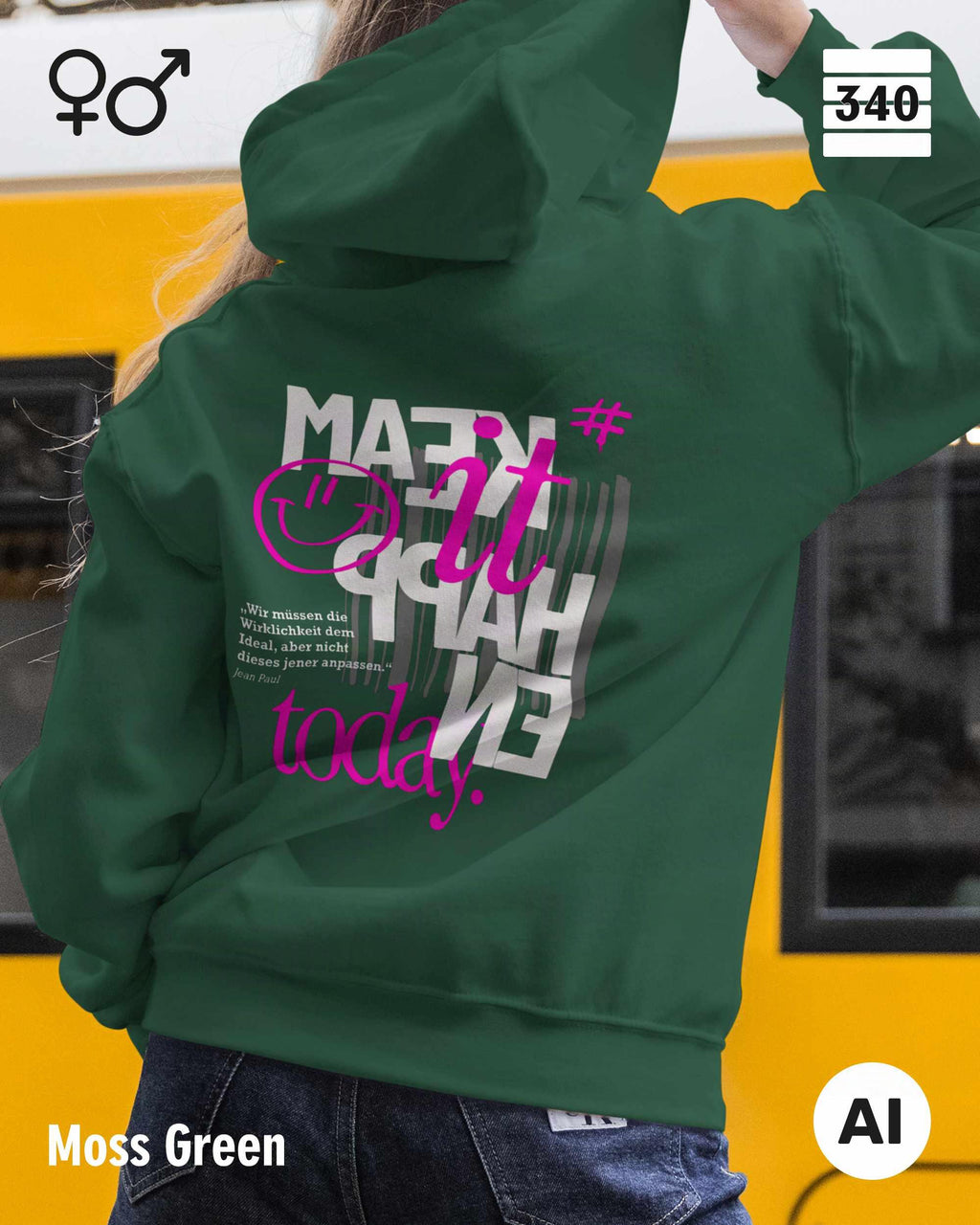 das KI generierte bild zeigt eine person, die einen Oversized unisex Design-Hoodie in der farbe moss green mit dem backprint "make it happen today" trägt.