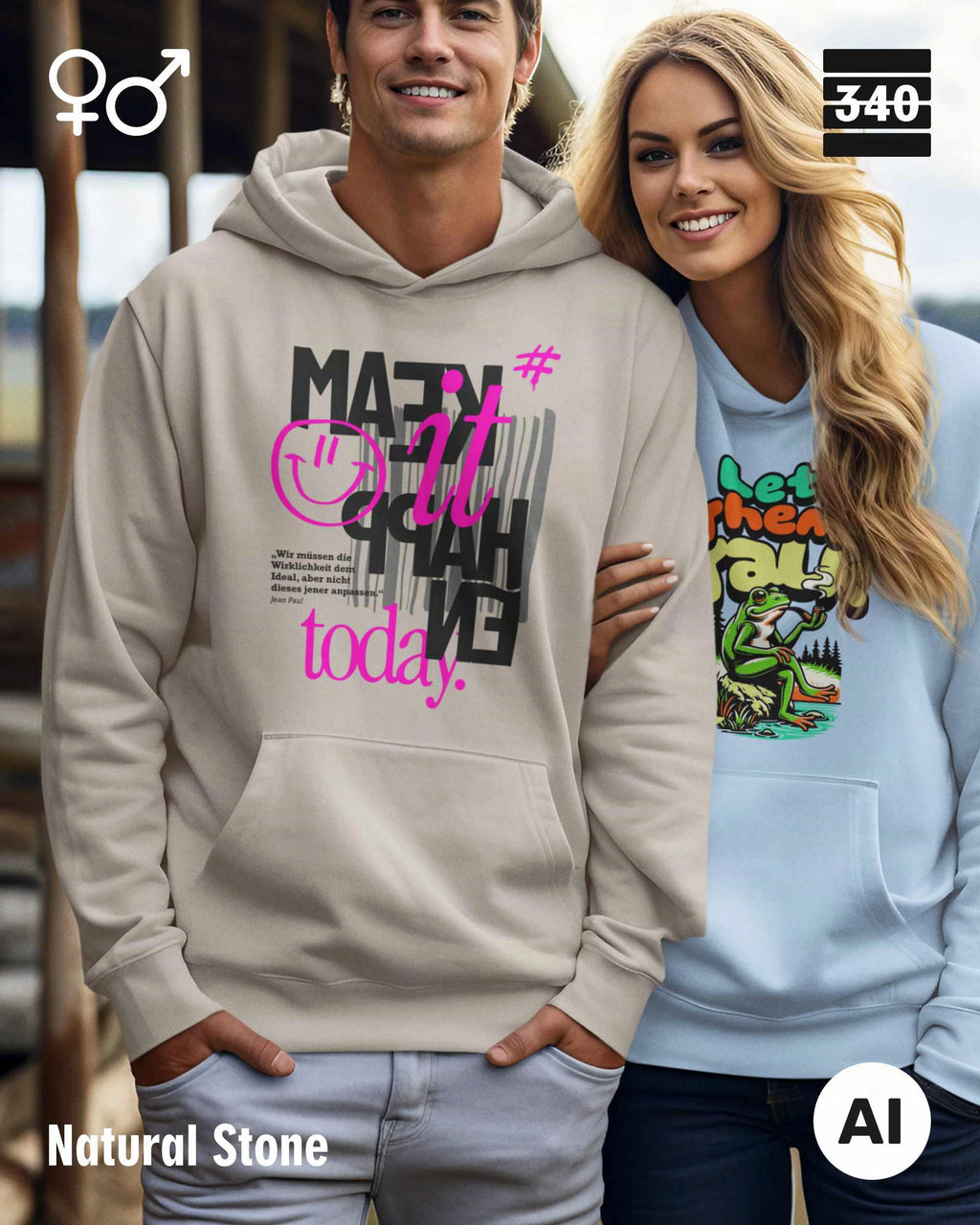 das KI generierte bild zeigt eine person, die einen Oversized unisex Design-Hoodie in der farbe natural stone mit dem motiv "make it happen today" trägt.