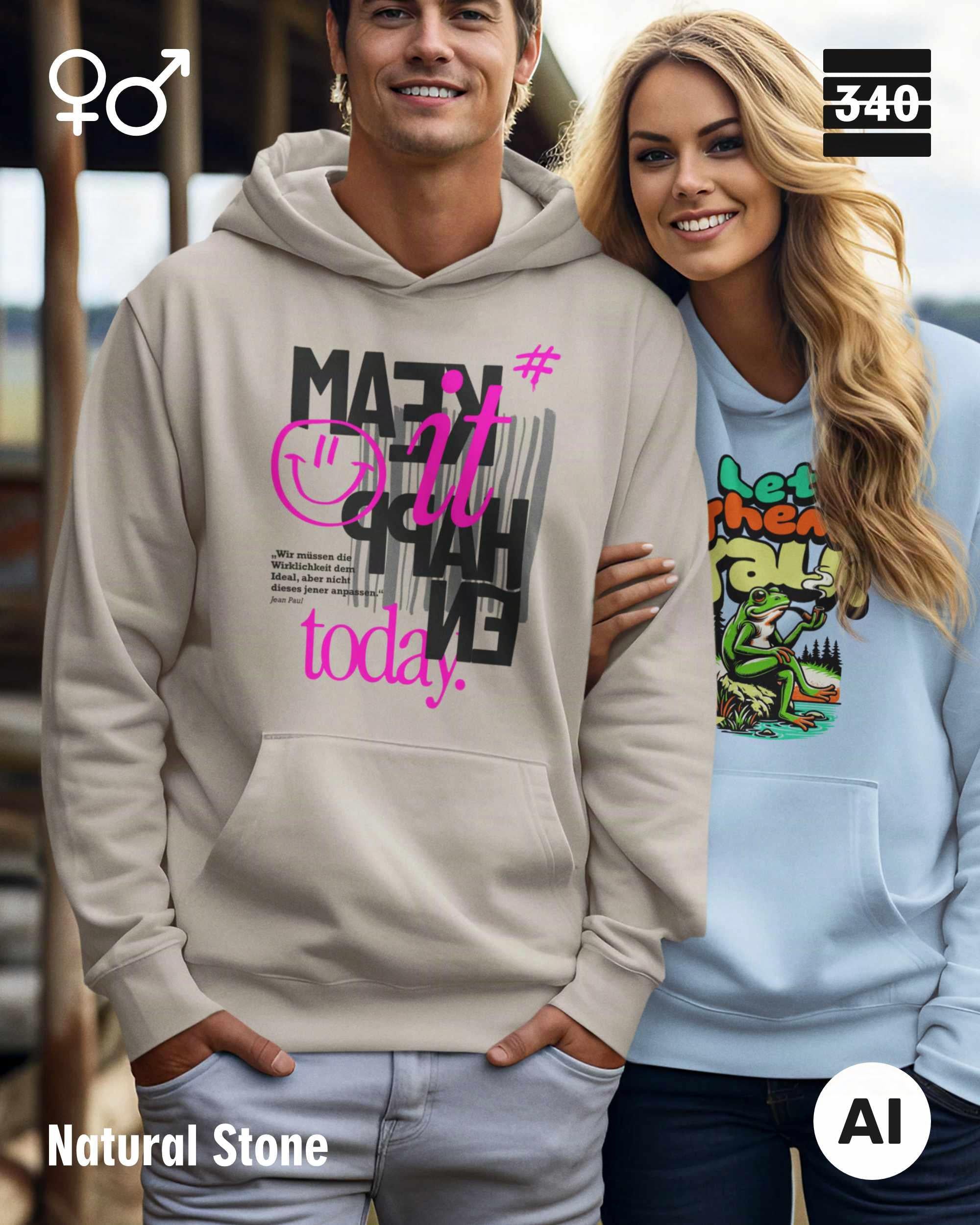 das KI generierte bild zeigt eine person, die einen Oversized unisex Design-Hoodie in der farbe natural stone mit dem motiv "make it happen today" trägt.
