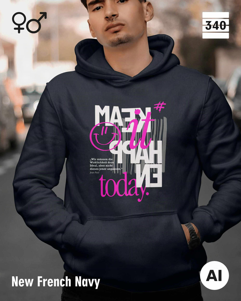 das KI generierte bild zeigt eine person, die einen Oversized unisex Design-Hoodie in der farbe new french navy mit dem motiv "make it happen today" trägt.