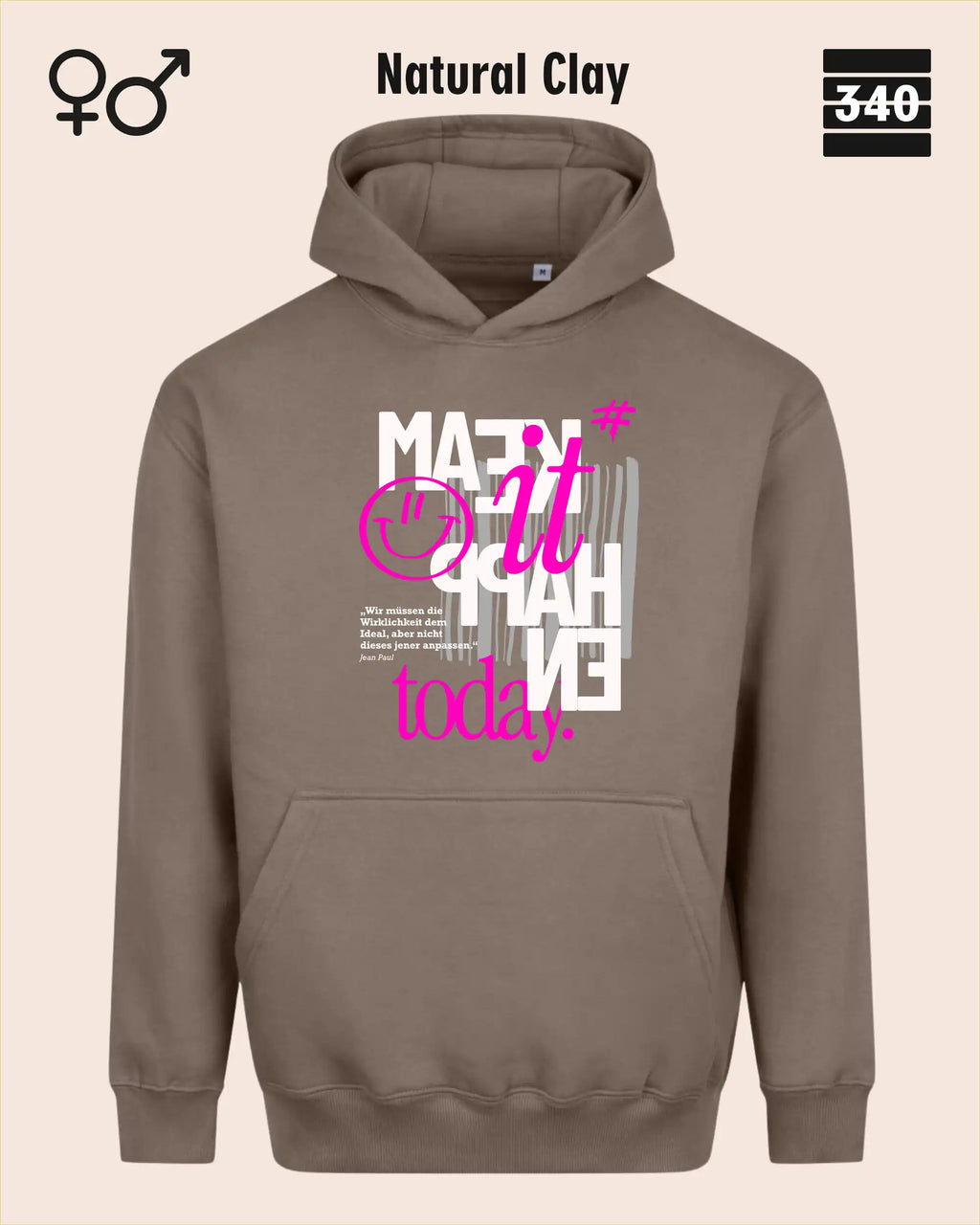 das bild zeigt den Oversized Design-Hoodie JH111 unisex in der farbe natural clay mit dem motiv "male it happen today".