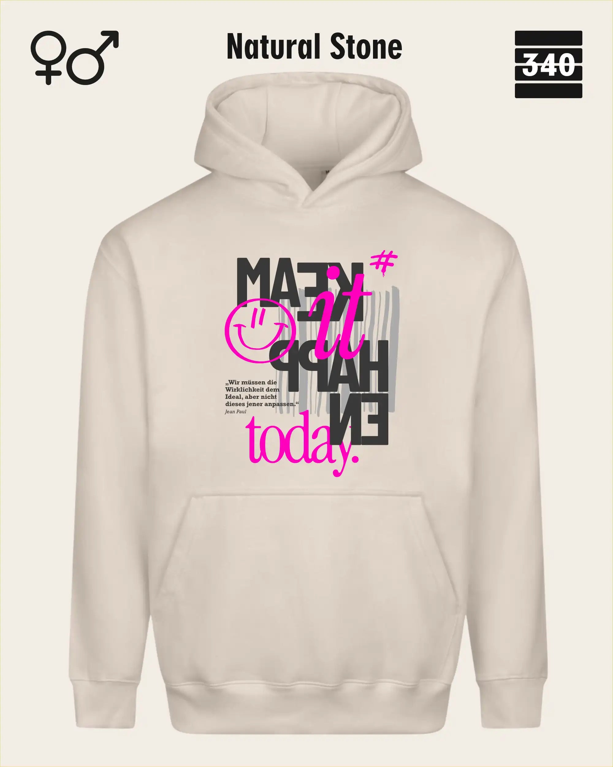 das bild zeigt den Oversized Design-Hoodie JH111 unisex in der farbe natural stone mit dem motiv "male it happen today".