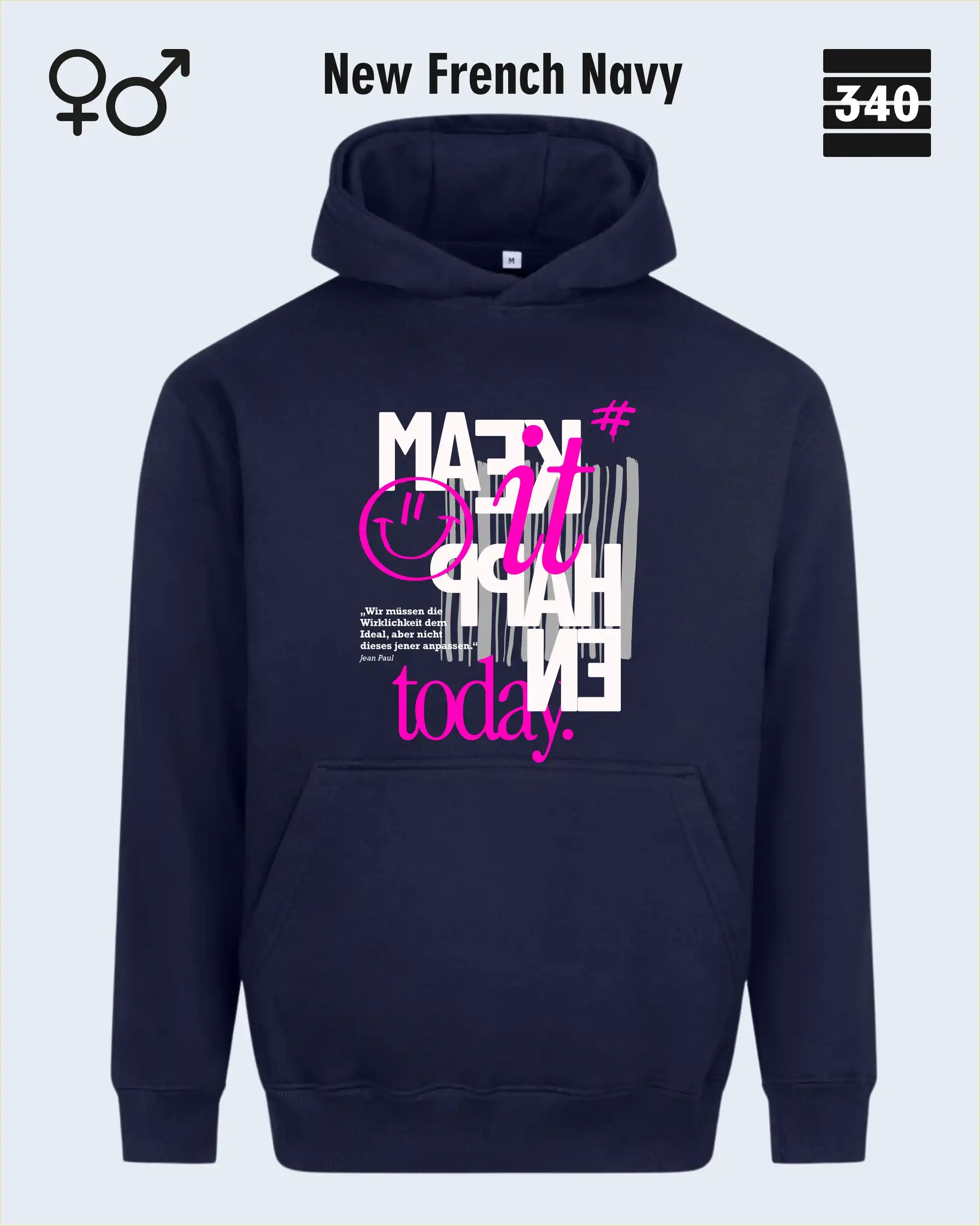 das bild zeigt den Oversized Design-Hoodie JH111 unisex in der farbe new french navy mit dem motiv "male it happen today".