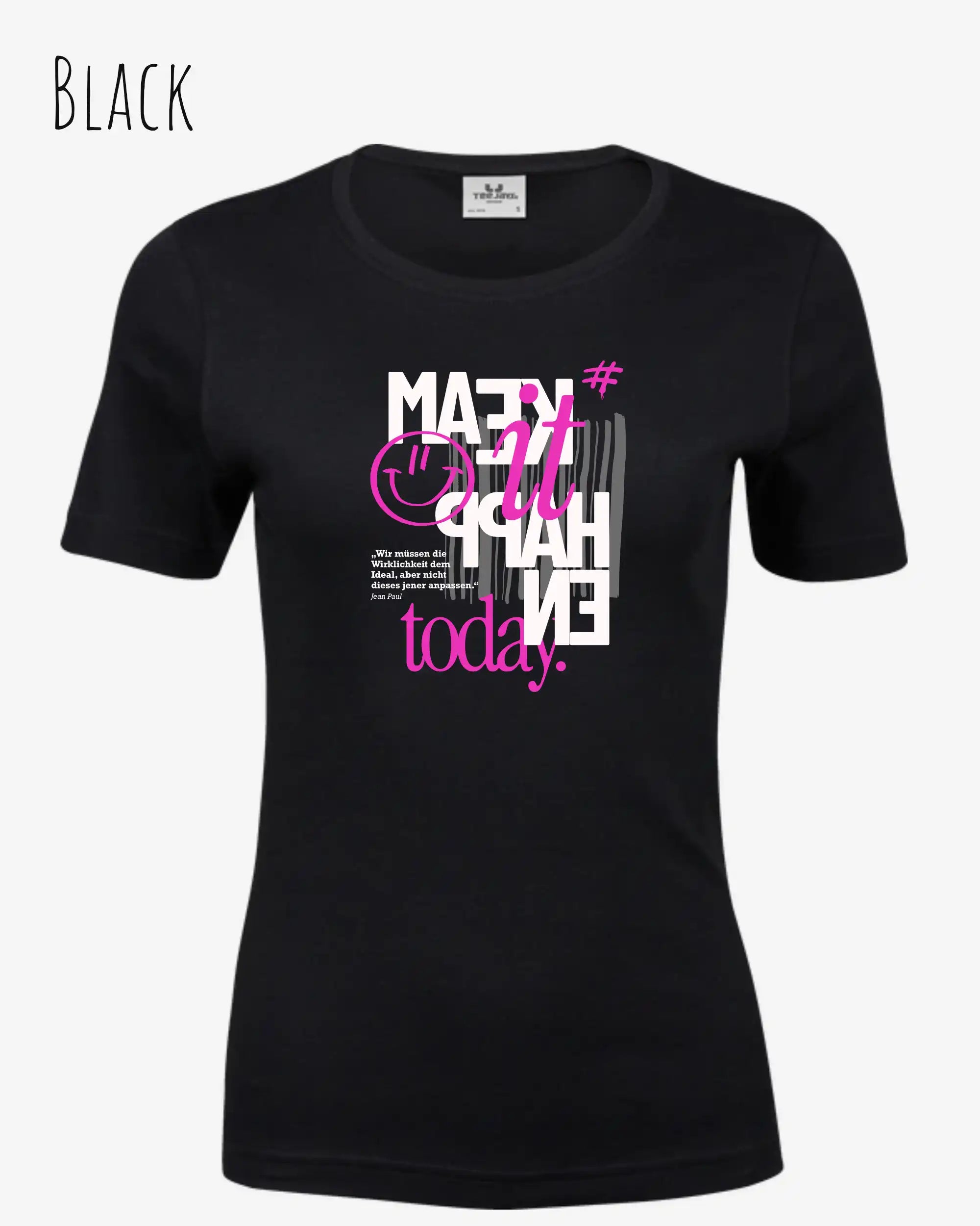 das bild zeigt das T-Shirt Tee Jays Women's Interlock Tee STYLE 580 in der farbe black mit dem inspirierenden design "make it happen today".
