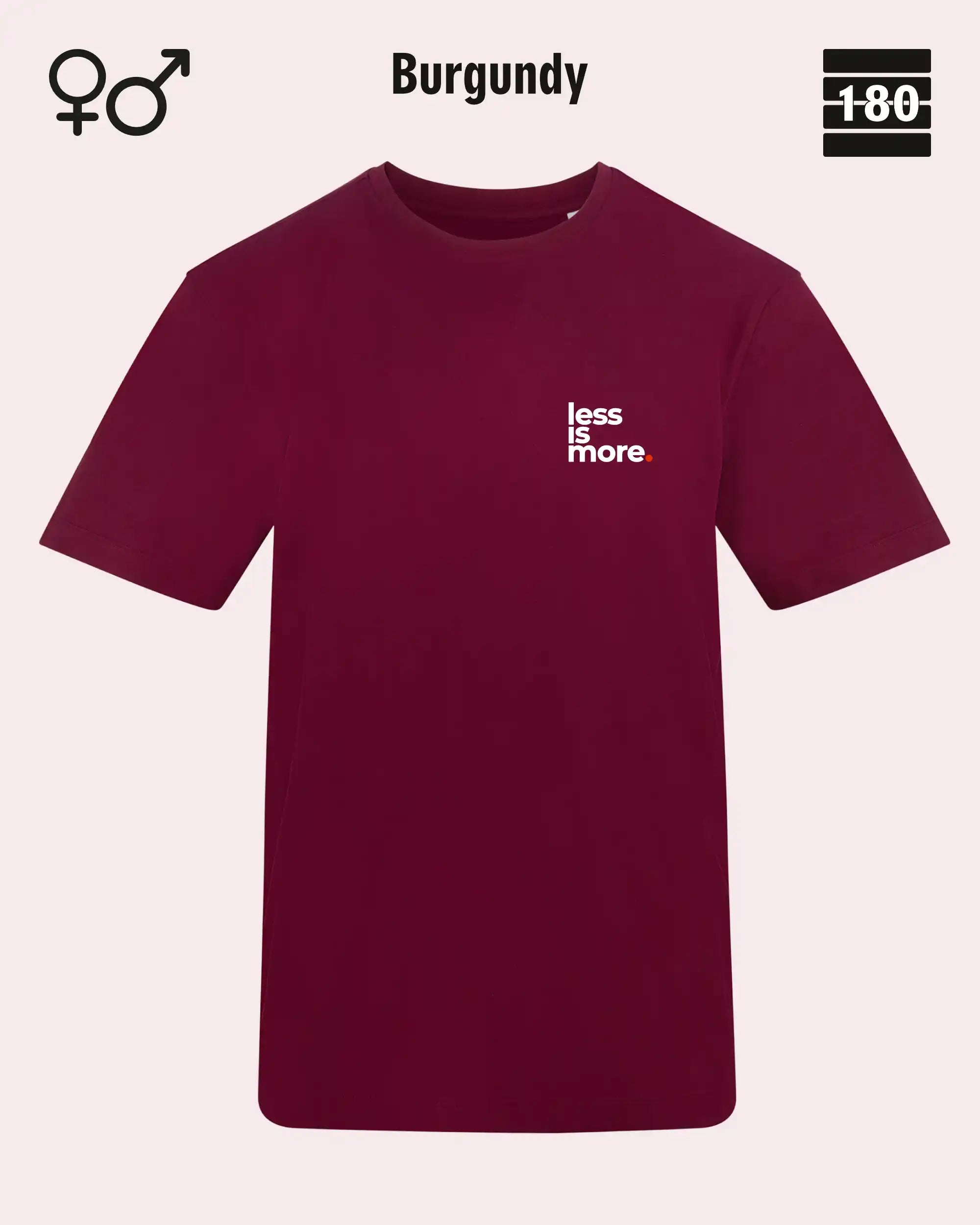 Dieses bild zeigt das Unisex Design-T-Shirt AWDis 180T in der farbe burgundy mit dem minimalistischen motiv "less is more"