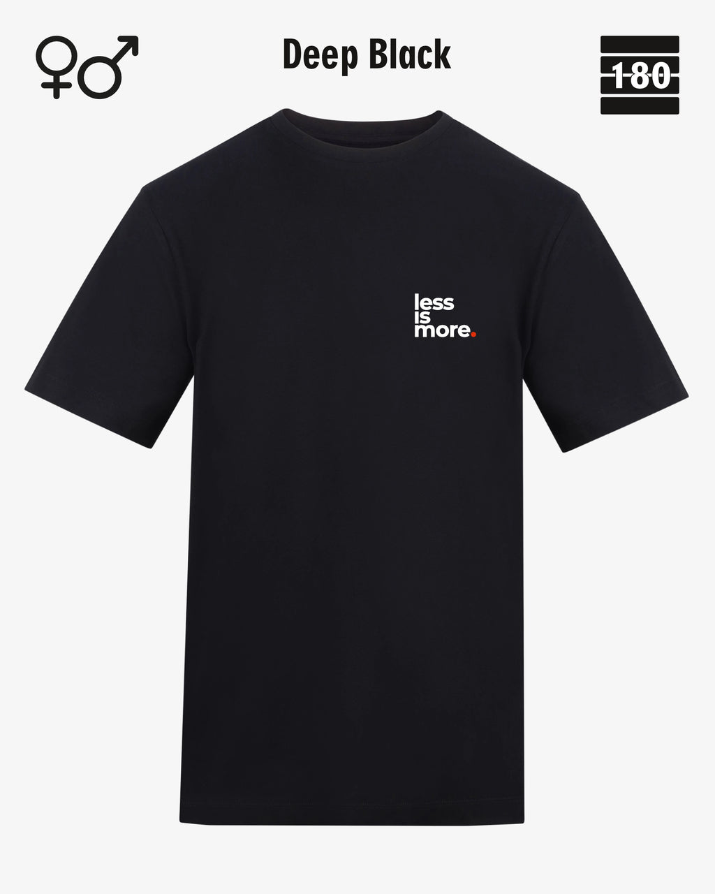 Dieses bild zeigt das Unisex Design-T-Shirt AWDis 180T in der farbe deep black mit dem minimalistischen motiv "less is more"