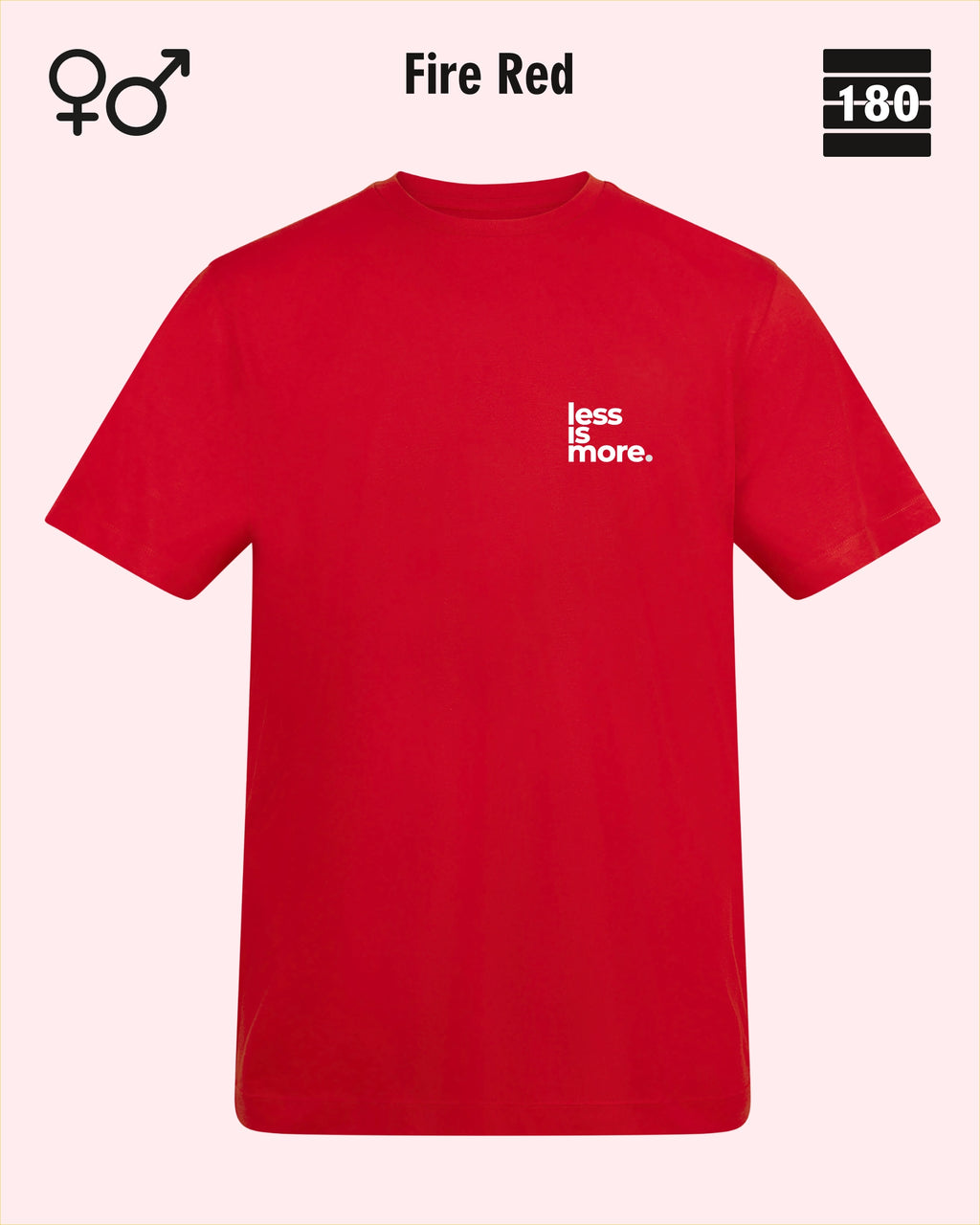 Dieses bild zeigt das Unisex Design-T-Shirt AWDis 180T in der farbe fire red mit dem minimalistischen motiv "less is more"
