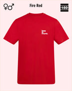 Dieses bild zeigt das Unisex Design-T-Shirt AWDis 180T in der farbe fire red mit dem minimalistischen motiv "less is more"