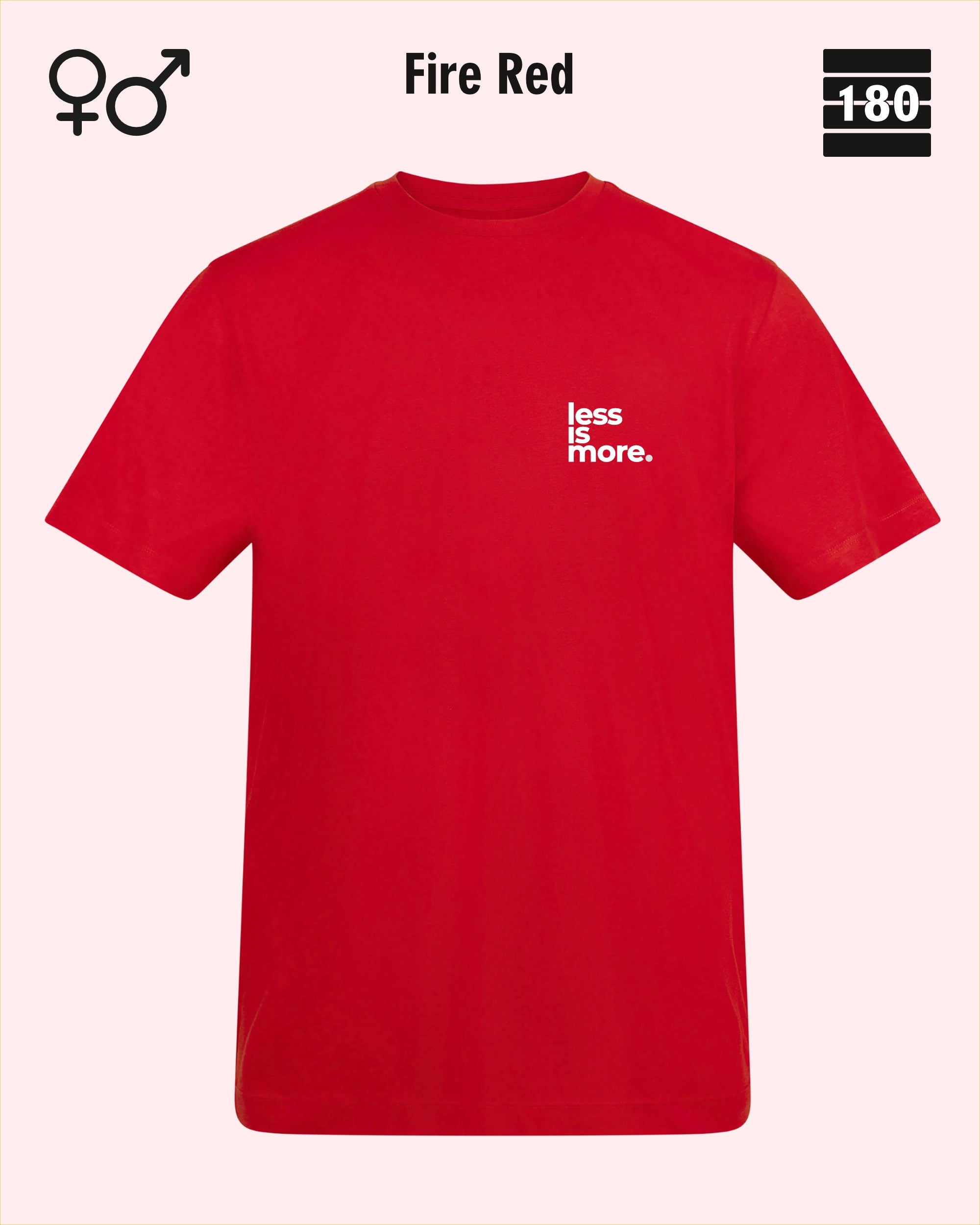 Dieses bild zeigt das Unisex Design-T-Shirt AWDis 180T in der farbe fire red mit dem minimalistischen motiv "less is more"