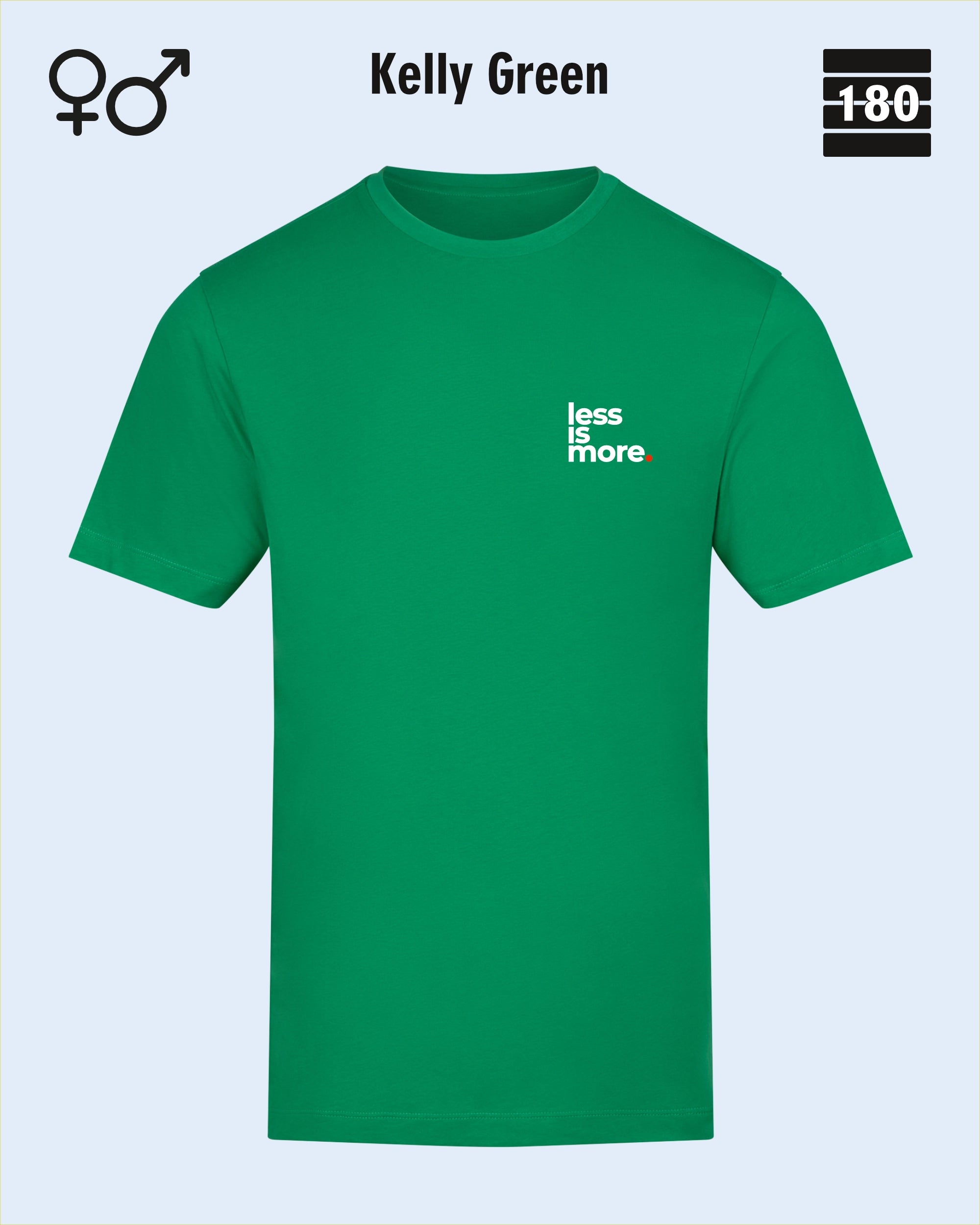 Dieses bild zeigt das Unisex Design-T-Shirt AWDis 180T in der farbe kelly green mit dem minimalistischen motiv "less is more"