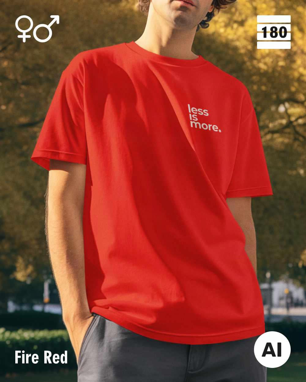 Das bild zeigt eine person, die ein Unisex Design-T-Shirt in der farbe fire red mit dem minimalistischen motiv "less is more" trägt.