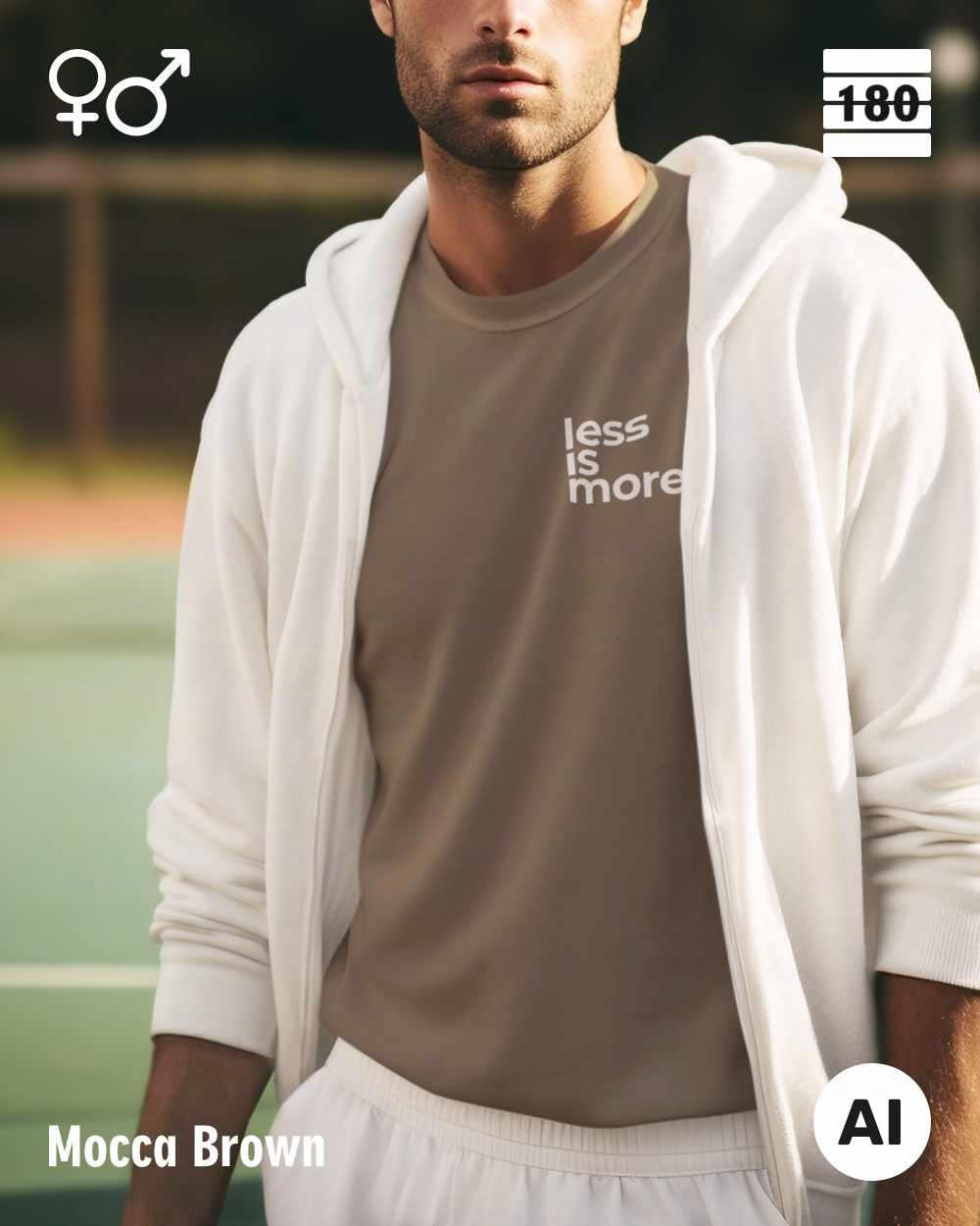 Das bild zeigt eine person, die ein Unisex Design-T-Shirt in der farbe Mocca brwon mit dem minimalistischen motiv "less is more" trägt.