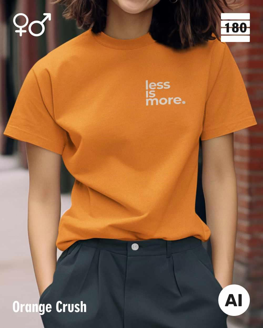 Das bild zeigt eine frau, die ein Unisex Design-T-Shirt in der farbe orange crush mit dem minimalistischen motiv "less is more" trägt.