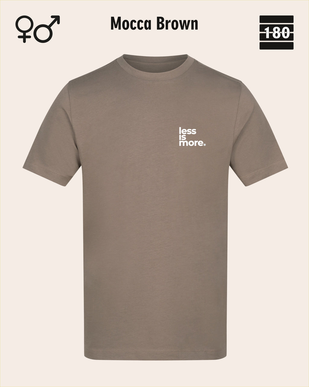 Dieses bild zeigt das Unisex Design-T-Shirt AWDis 180T in der farbe Mocca brown mit dem minimalistischen motiv "less is more"