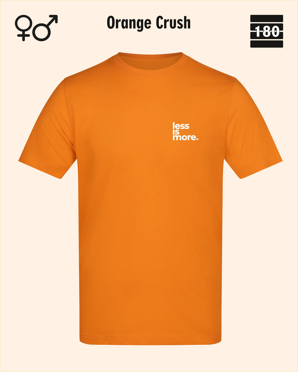Dieses bild zeigt das Unisex Design-T-Shirt AWDis 180T in der farbe orange crush mit dem minimalistischen motiv "less is more"