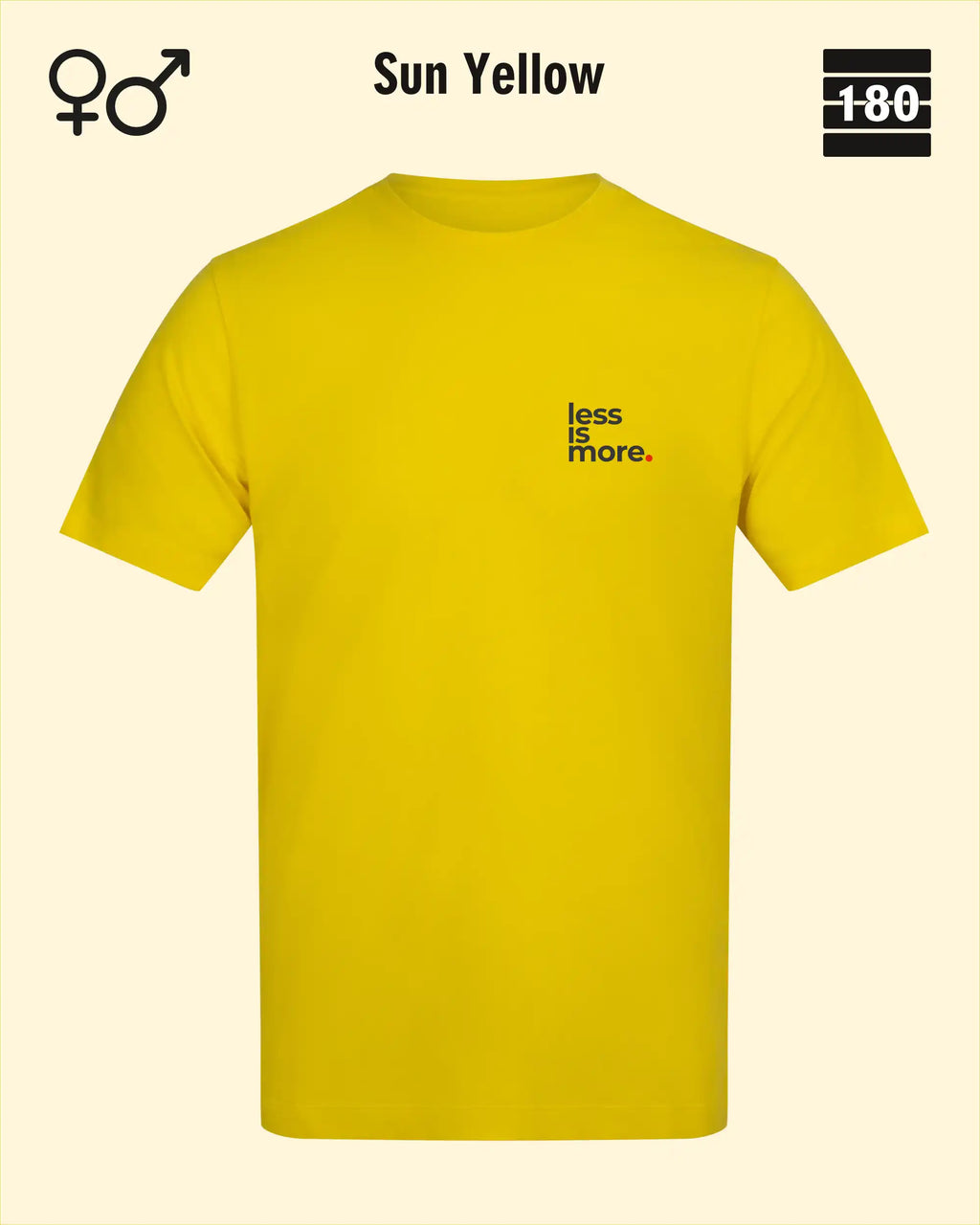 Dieses bild zeigt das Unisex Design-T-Shirt AWDis 180T in der farbe sun yellow mit dem minimalistischen motiv "less is more"
