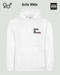 das bild zeigt den design hoodie jh001 von just hoods in der farbe arctic white und mit dem minimalistischen motiv "less is more".