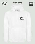 das bild zeigt den design hoodie jh001 von just hoods in der farbe arctic white und mit dem minimalistischen motiv "less is more".