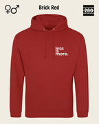 das bild zeigt den design hoodie jh001 von just hoods in der farbe brick red und mit dem minimalistischen motiv "less is more".