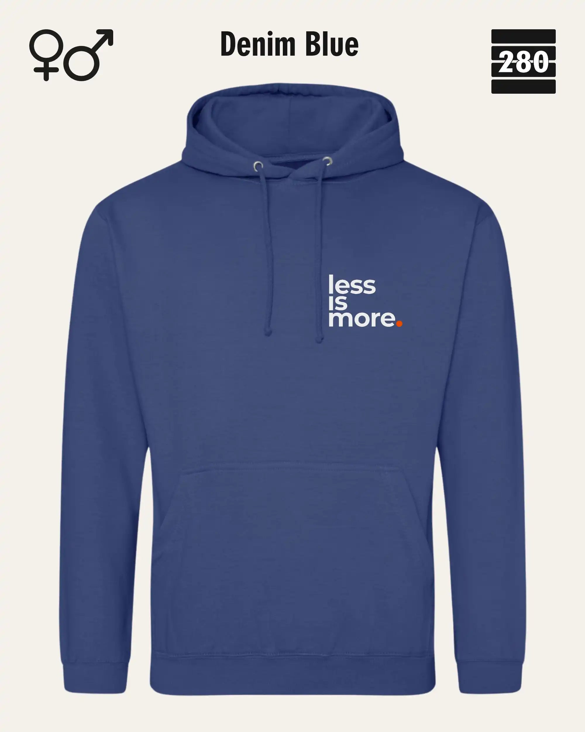das bild zeigt den design hoodie jh001 von just hoods in der farbe denim blue und mit dem minimalistischen motiv "less is more".