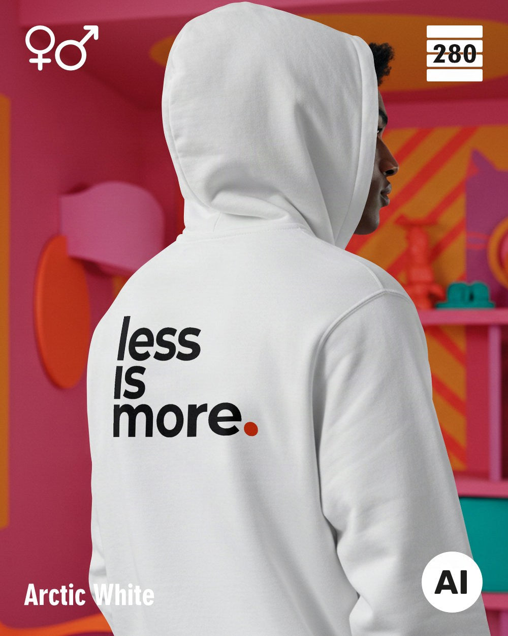 das bild zeigt eine person, die einen unisex design hoodie in der farbe arctic white und mit dem backprint "less is more" trägt.