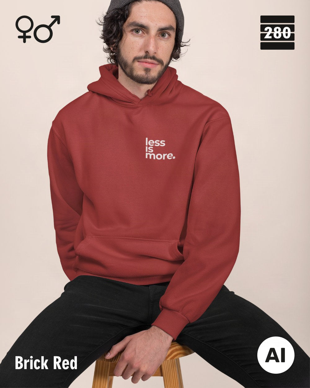 das bild zeigt eine person, die einen unisex design hoodie in der farbe brick red und mit dem minimalistischen motiv "less is more" trägt.