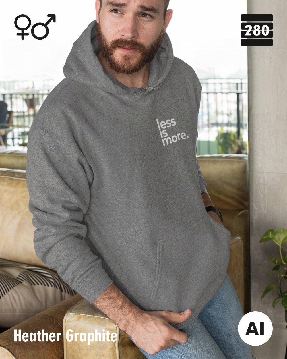 das bild zeigt eine person, die einen unisex design hoodie in der farbe heather graphite und mit dem minimalistischen motiv "less is more" trägt.