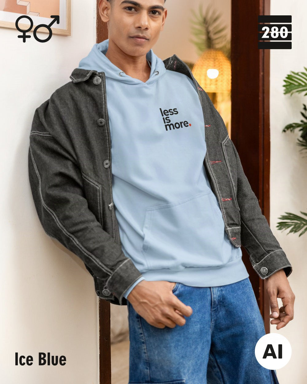 das bild zeigt eine person, die einen unisex design hoodie in der farbe ice blue und mit dem minimalistischen motiv "less is more" trägt.