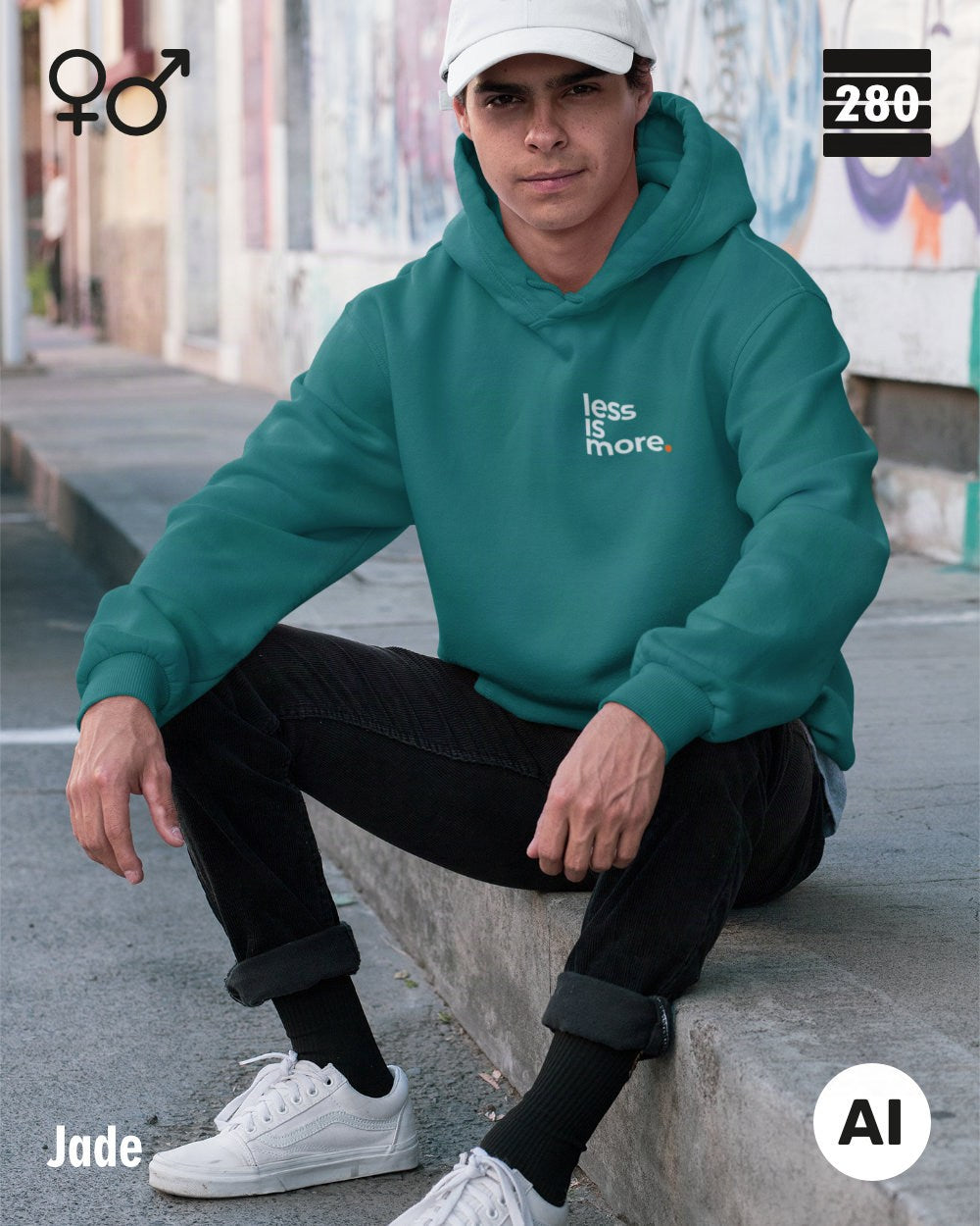 das bild zeigt eine person, die einen unisex design hoodie in der farbe jade und mit dem minimalistischen motiv "less is more" trägt.