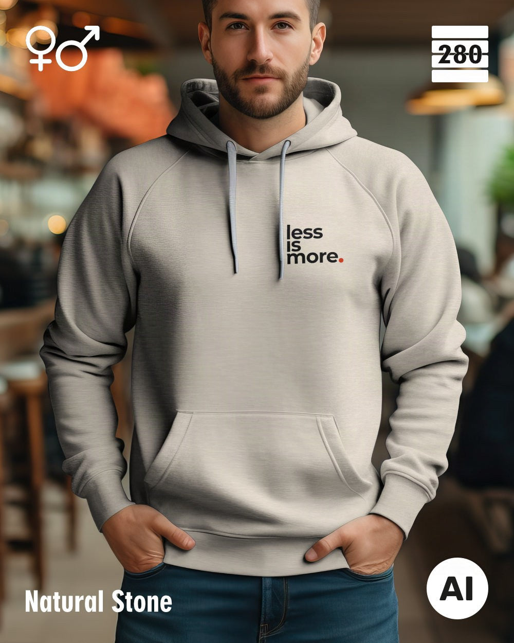 das bild zeigt eine person, die einen unisex design hoodie in der farbe natural stone und mit dem minimalistischen motiv "less is more" trägt.