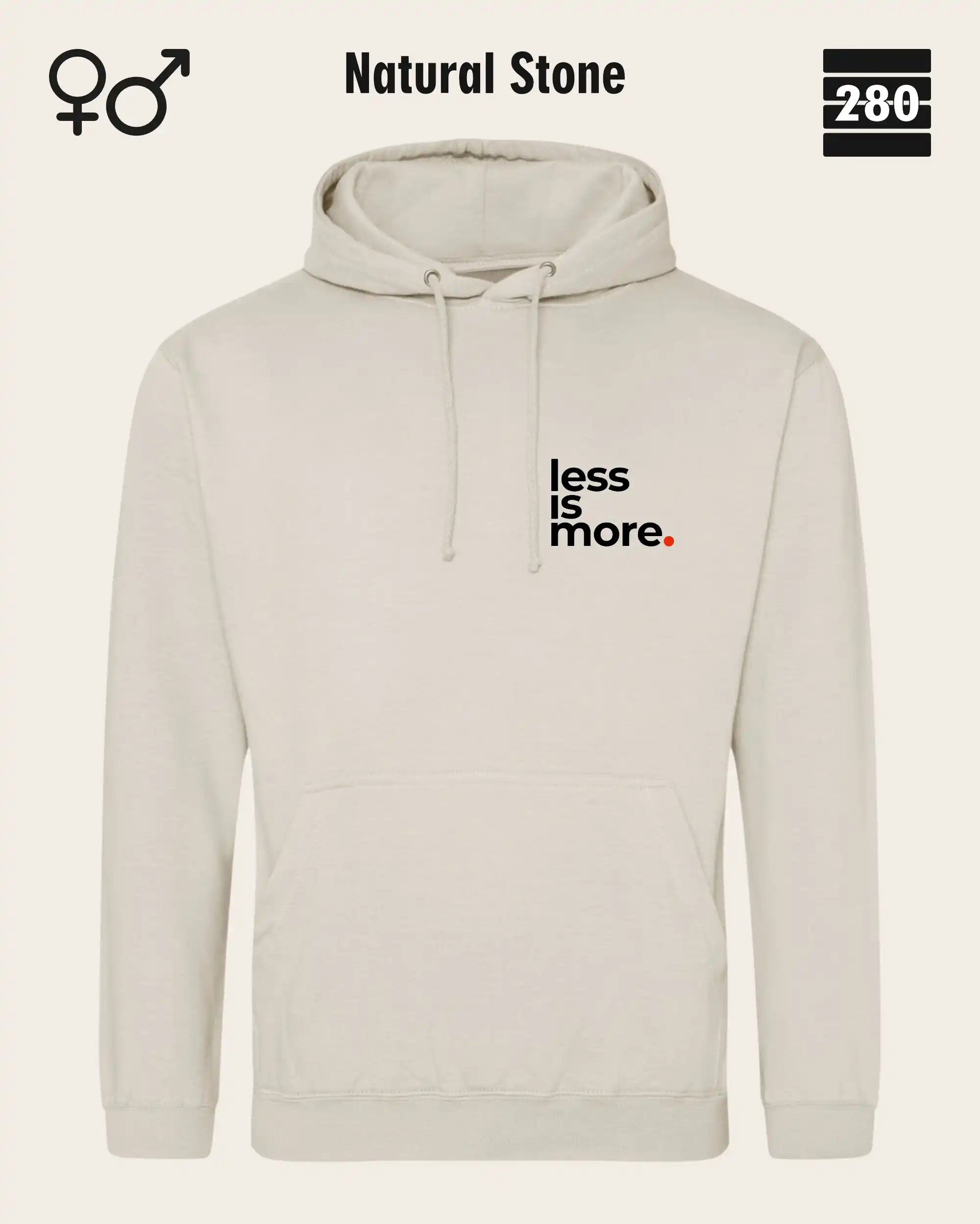 das bild zeigt den design hoodie jh001 von just hoods in der farbe natural stone und mit dem minimalistischen motiv "less is more".
