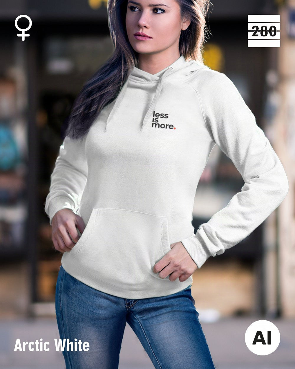 Damen Design‑Hoodie – Feminine Fit – LESS IS MORE (1)  – Weiche Baumwollmischung