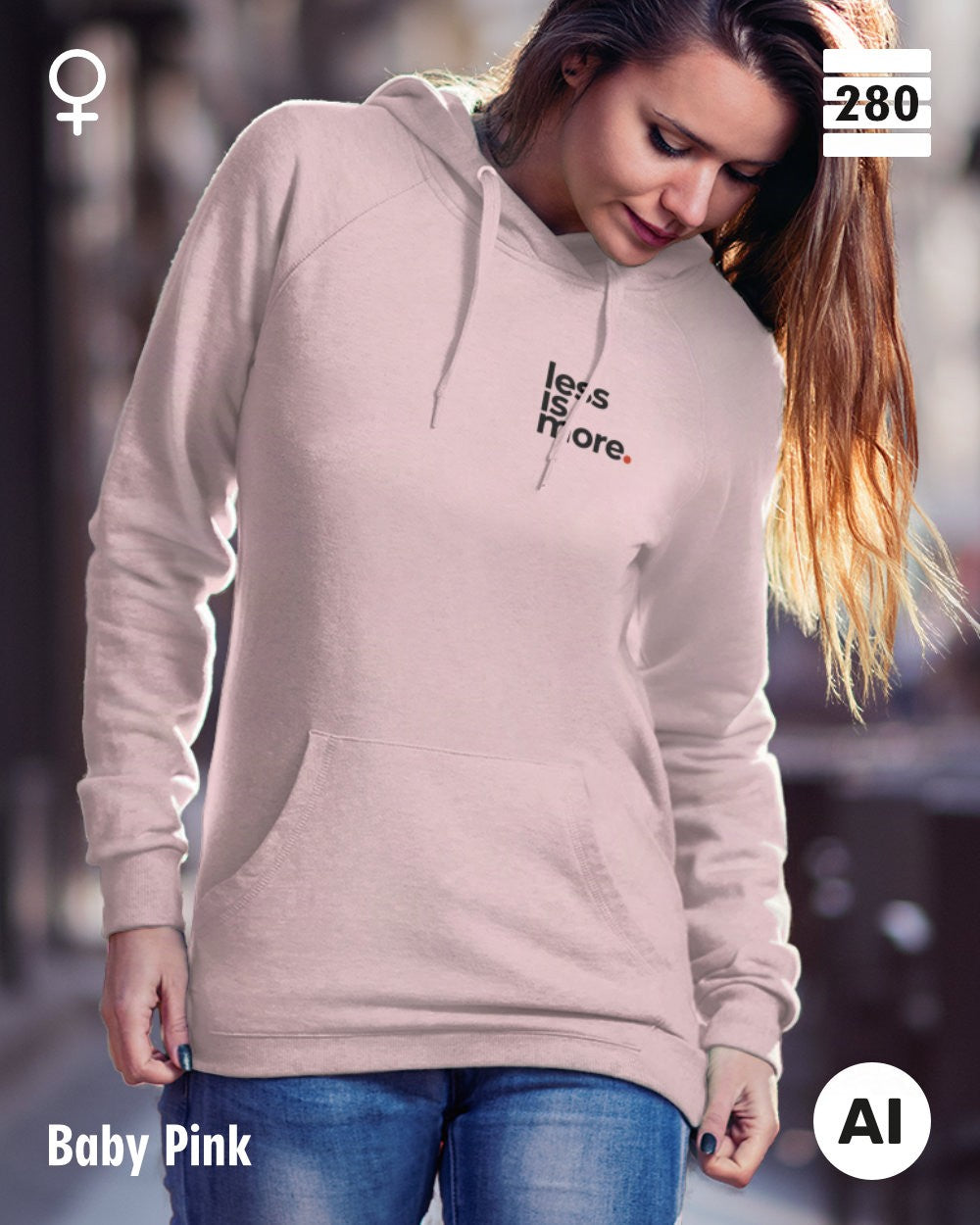Damen Design‑Hoodie – Feminine Fit – LESS IS MORE (1)  – Weiche Baumwollmischung