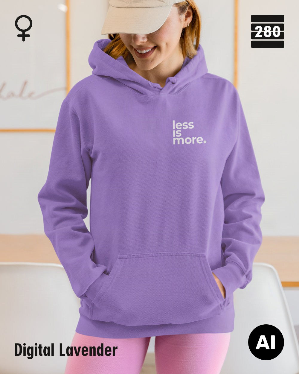 Damen Design‑Hoodie – Feminine Fit – LESS IS MORE (1)  – Weiche Baumwollmischung