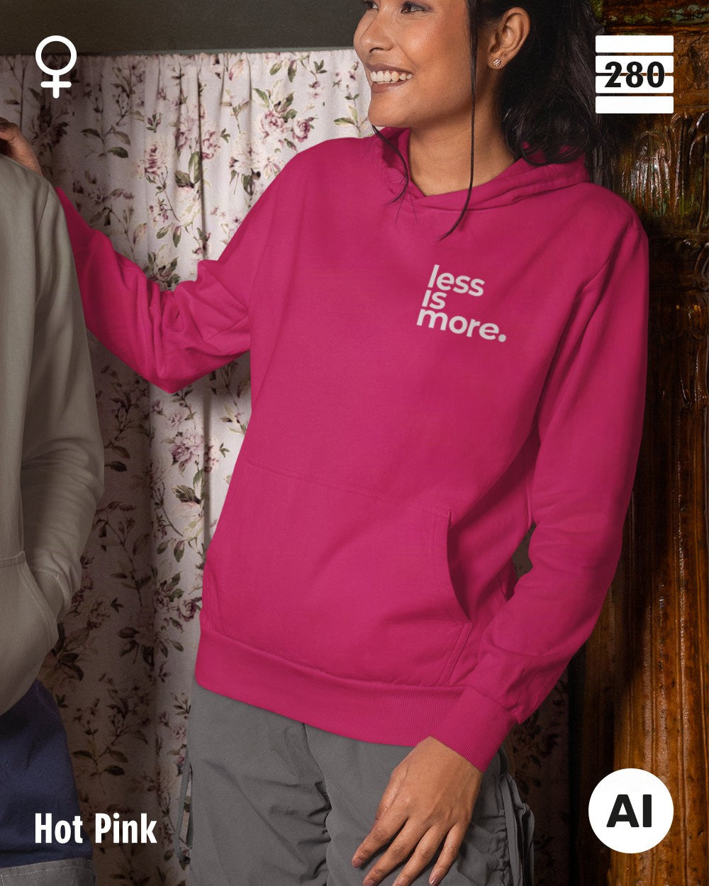 Damen Design‑Hoodie – Feminine Fit – LESS IS MORE (1)  – Weiche Baumwollmischung