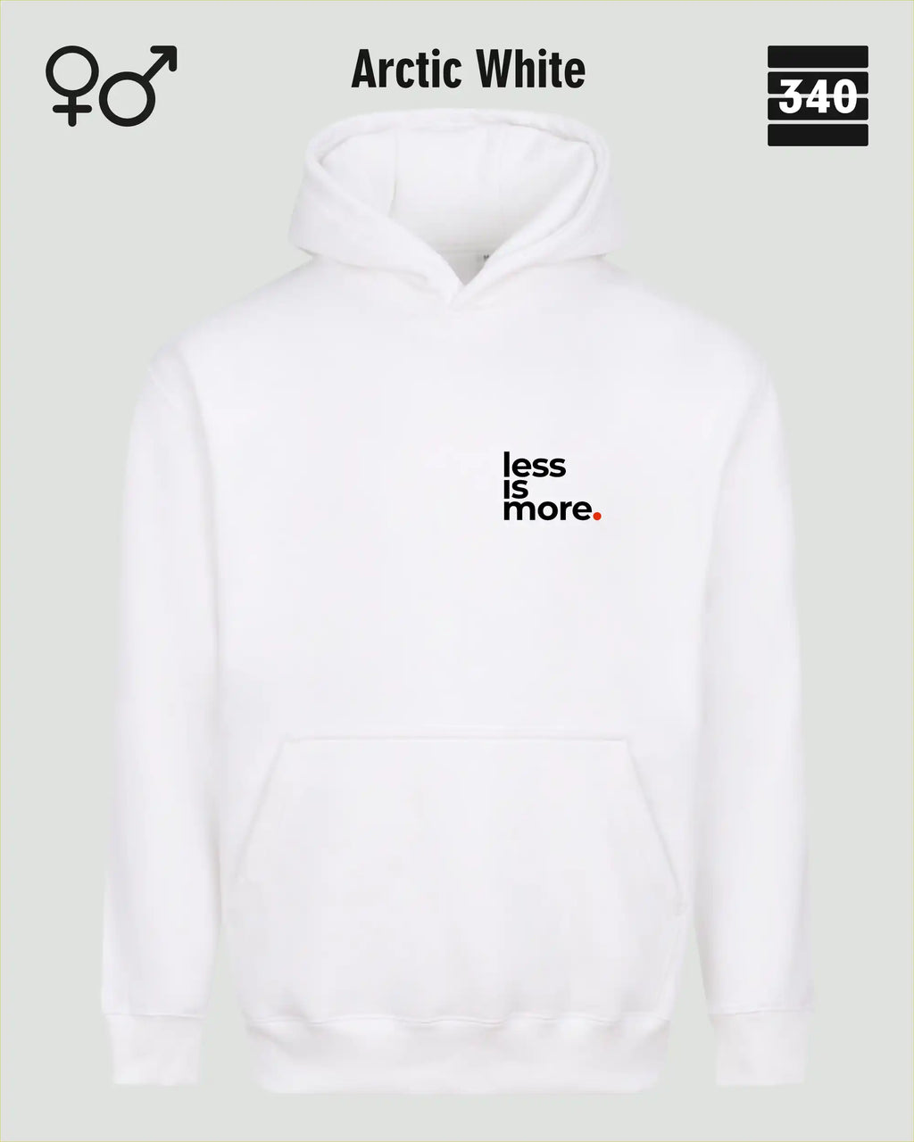 das bild zeigt den Oversized Design-Hoodie JH111 unisex in der farbe arctic white mit dem minimalistischen motiv "less is more".