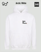 das bild zeigt den Oversized Design-Hoodie JH111 unisex in der farbe arctic white mit dem minimalistischen motiv "less is more".