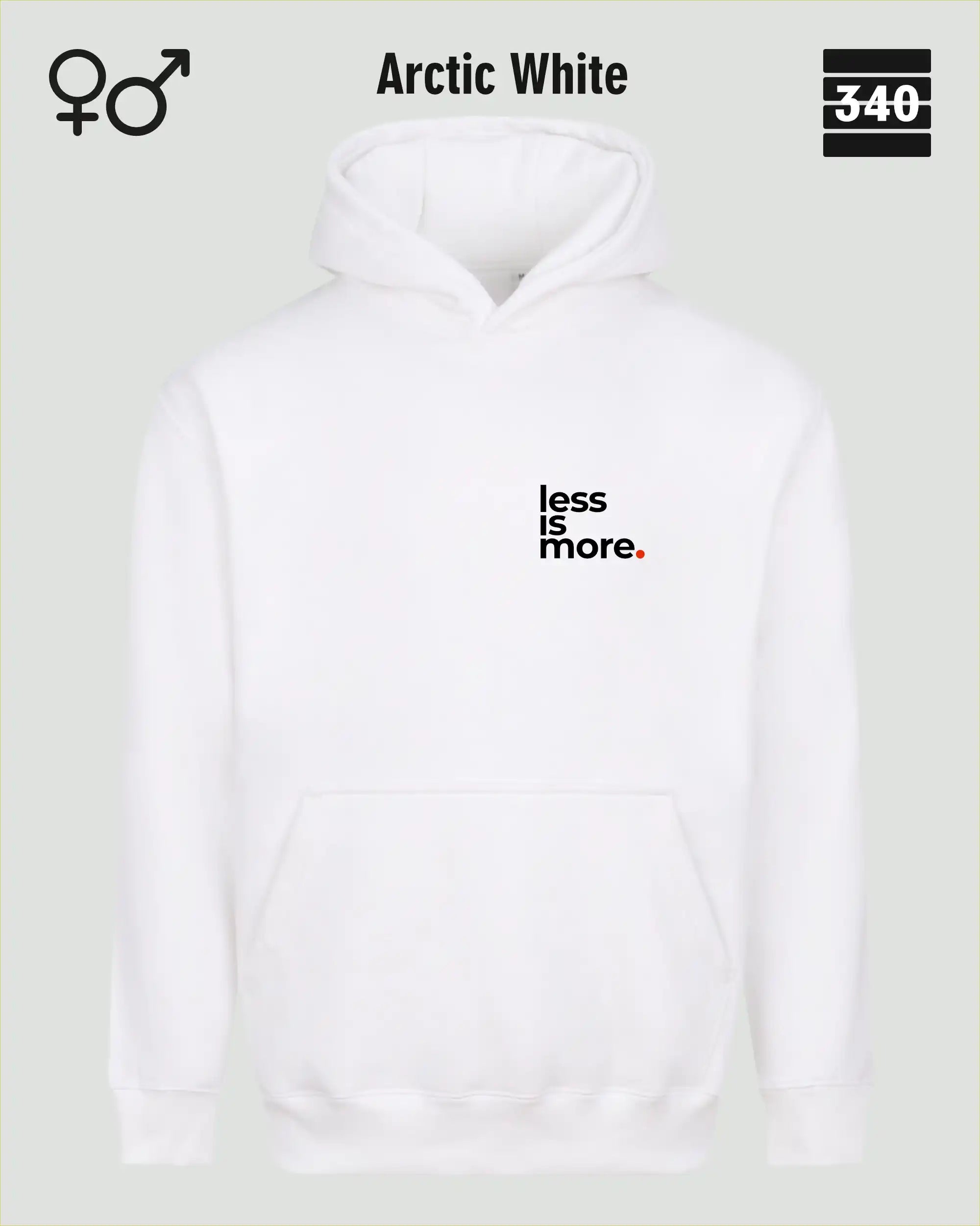das bild zeigt den Oversized Design-Hoodie JH111 unisex in der farbe arctic white mit dem minimalistischen motiv "less is more".