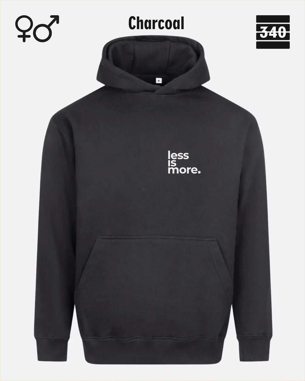 das bild zeigt den Oversized Design-Hoodie JH111 unisex in der farbe charcoal mit dem minimalistischen motiv "less is more".