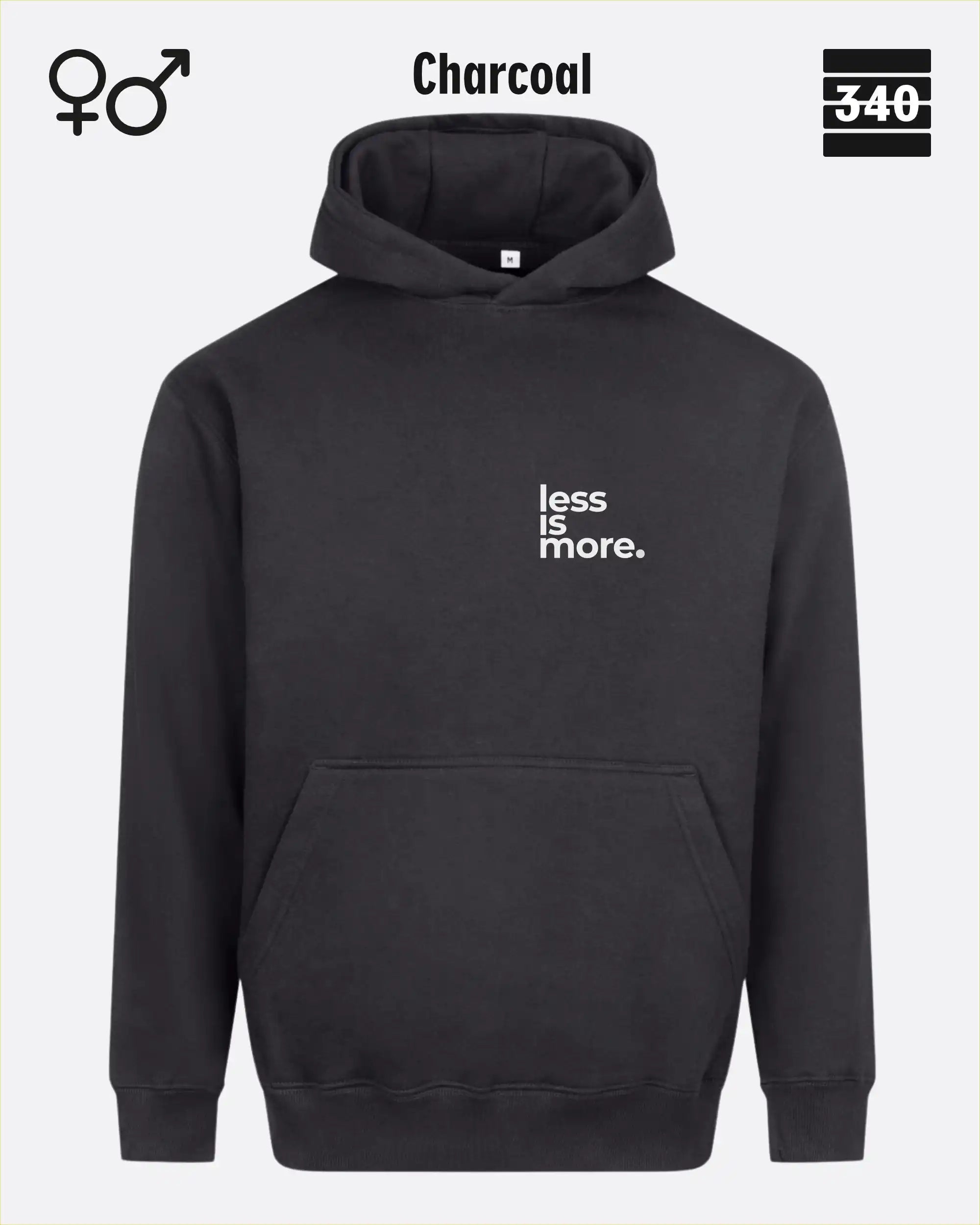das bild zeigt den Oversized Design-Hoodie JH111 unisex in der farbe charcoal mit dem minimalistischen motiv "less is more".