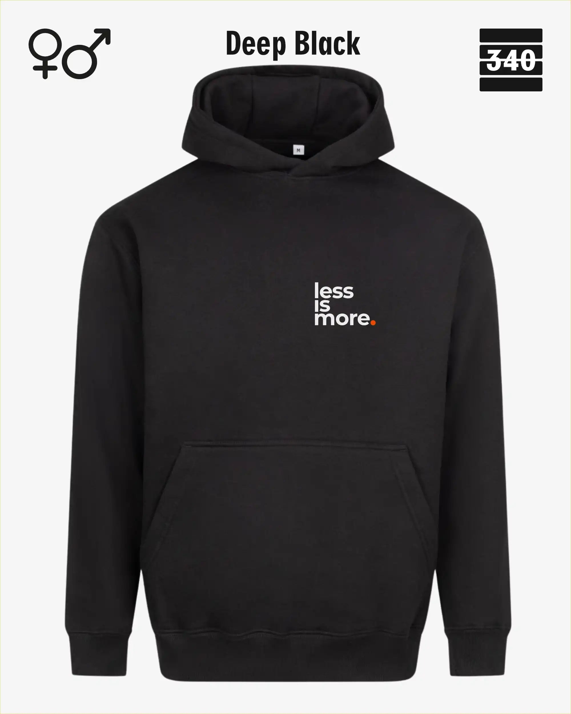 das bild zeigt den Oversized Design-Hoodie JH111 unisex in der farbe deep black mit dem minimalistischen motiv "less is more".