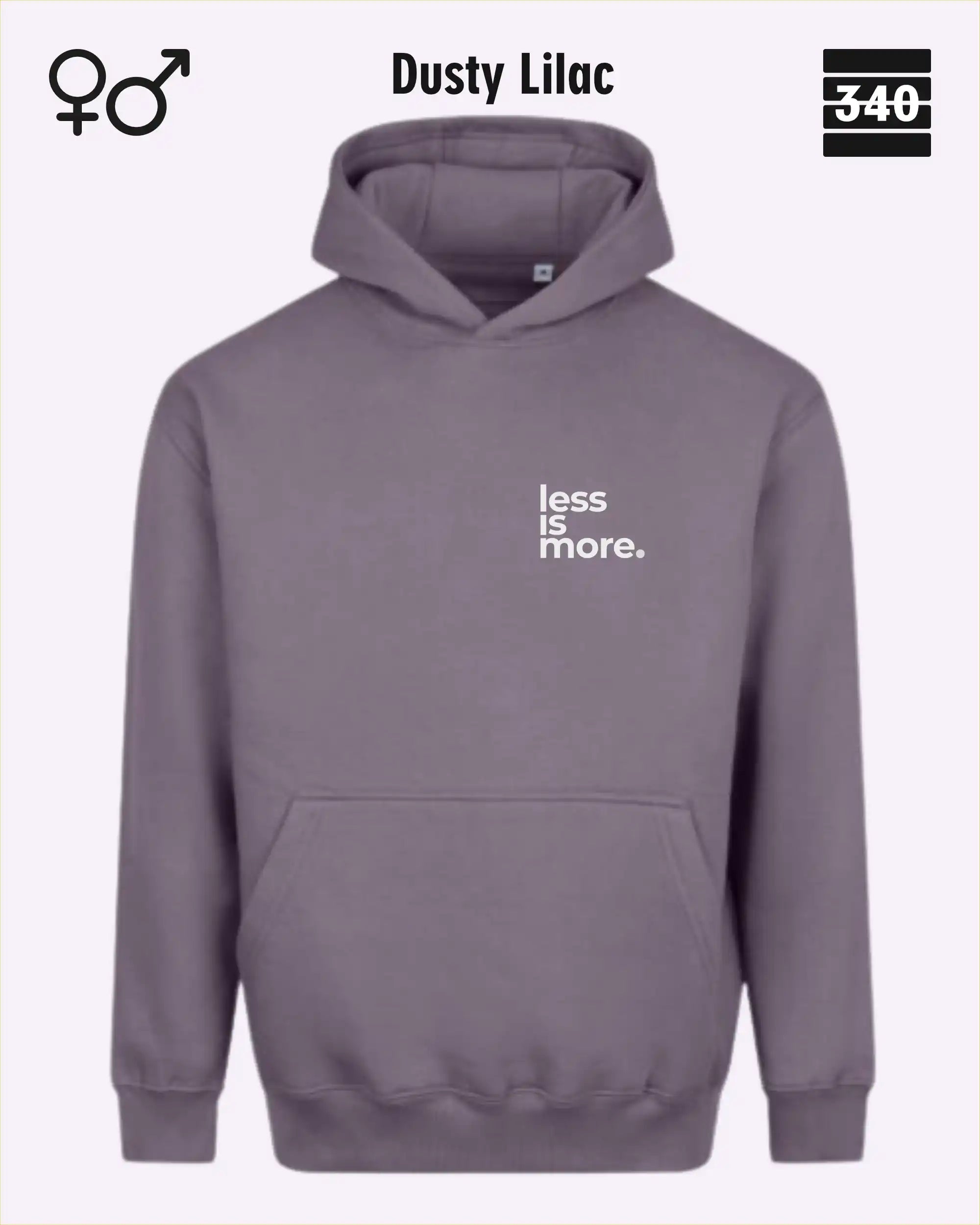 das bild zeigt den Oversized Design-Hoodie JH111 unisex in der farbe dusty lilac mit dem minimalistischen motiv "less is more".