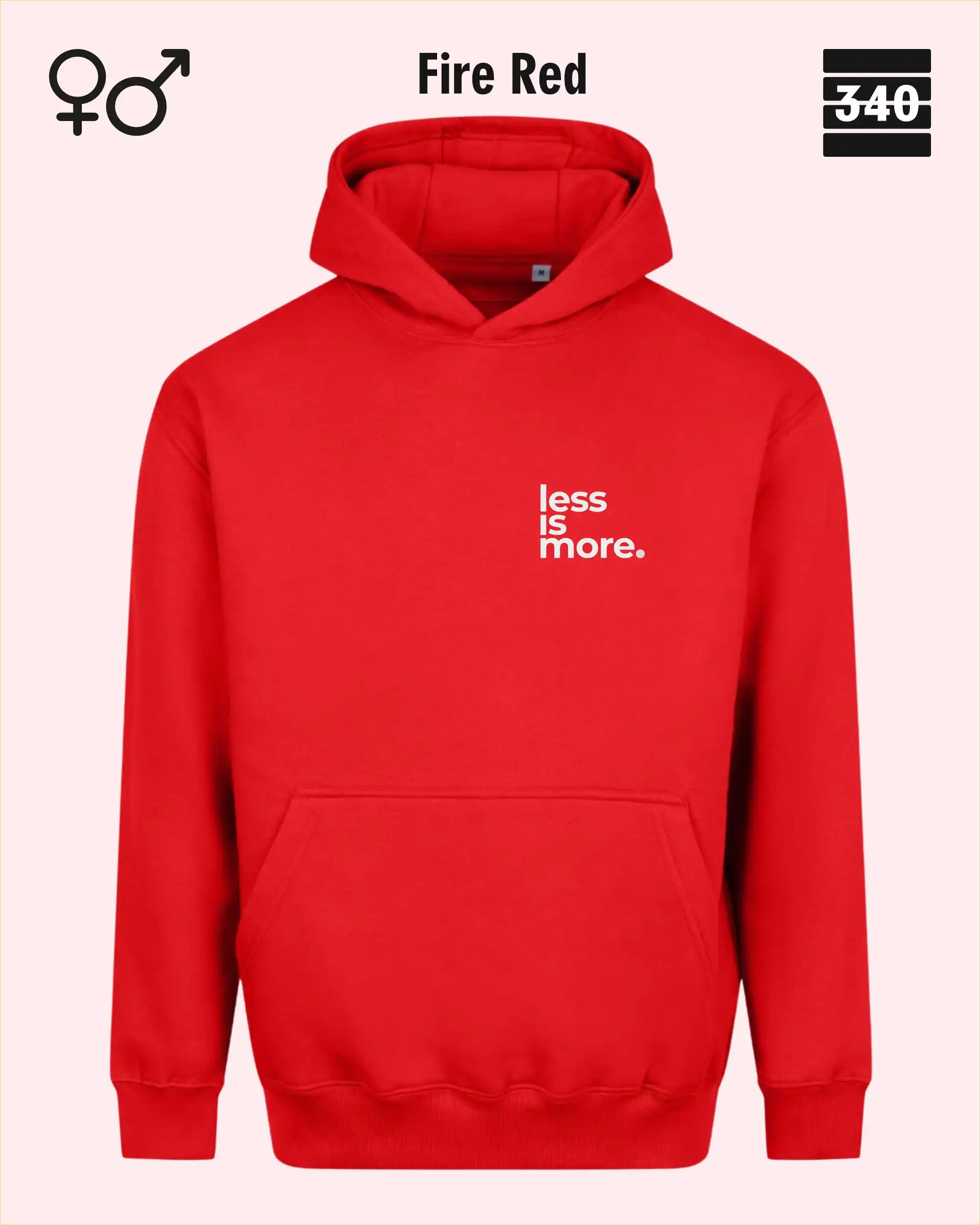 das bild zeigt den Oversized Design-Hoodie JH111 unisex in der farbe fire red mit dem minimalistischen motiv "less is more".