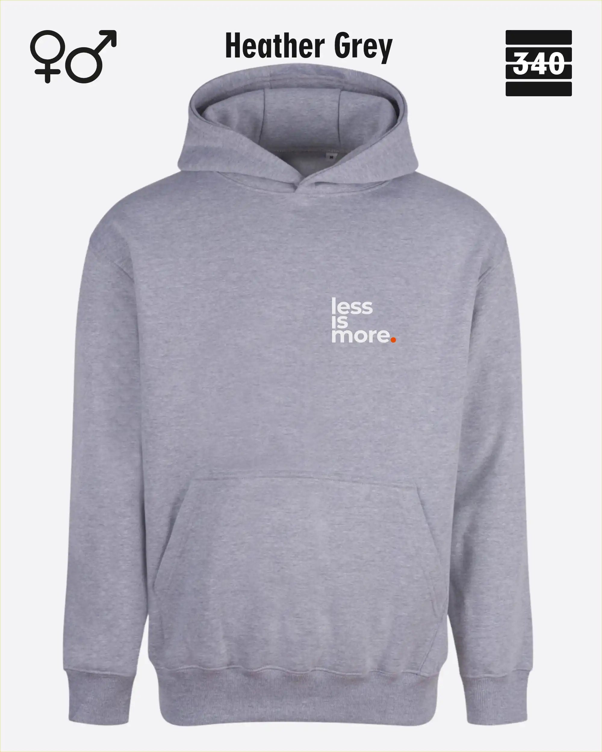 das bild zeigt den Oversized Design-Hoodie JH111 unisex in der farbe heather grey mit dem minimalistischen motiv "less is more".
