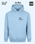 das bild zeigt den Oversized Design-Hoodie JH111 unisex in der farbe ice blue mit dem minimalistischen motiv "less is more".