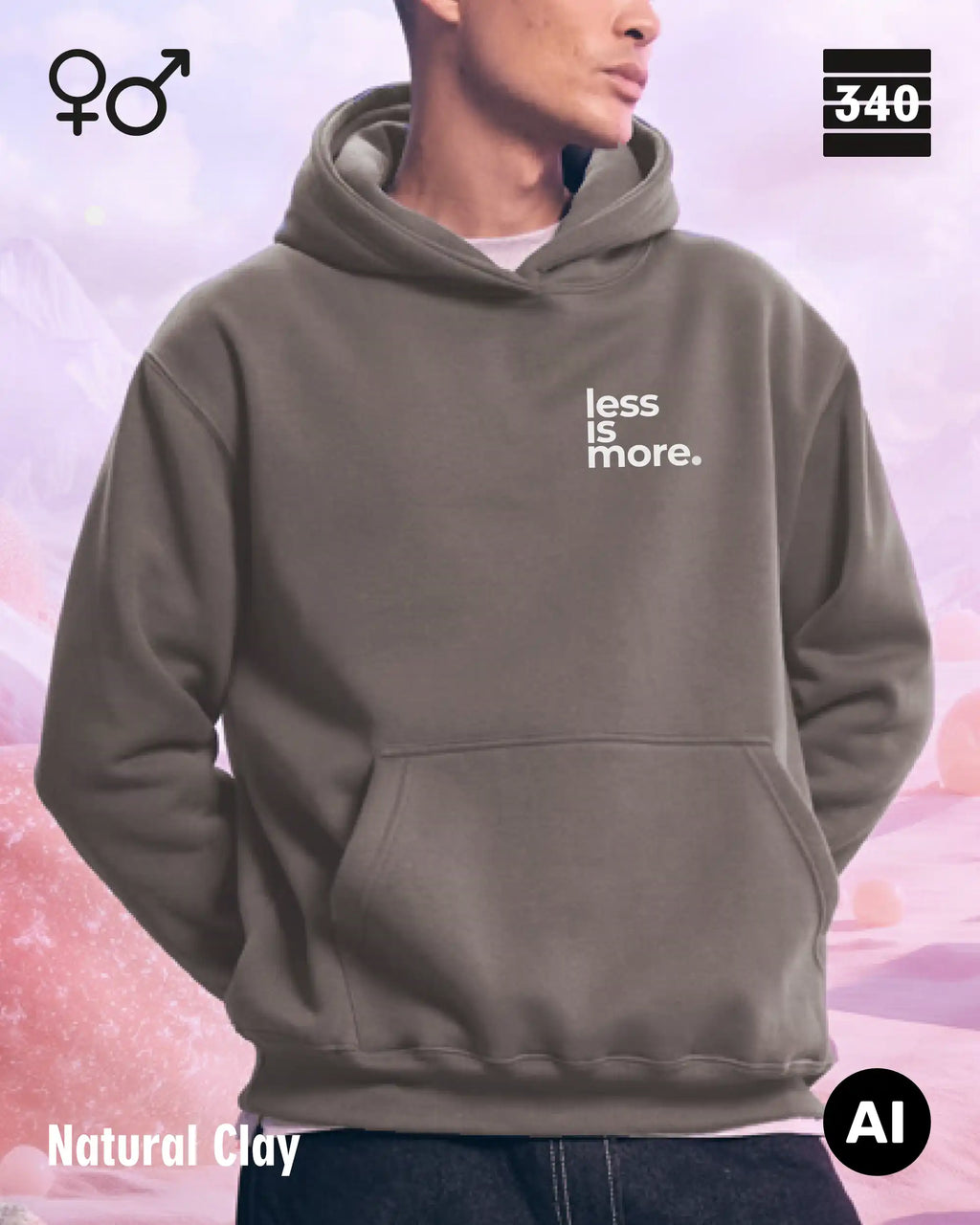 hier siehst man einen mann, der einen Oversized Design-Hoodie JH111 in der farbe natural clay mit dem minimalistischen motiv "less is more" trägt.