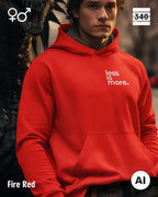 hier siehst man eine person, die einen Oversized Design-Hoodie unisex in der farbe fire red mit dem minimalistischen motiv "less is more" trägt.