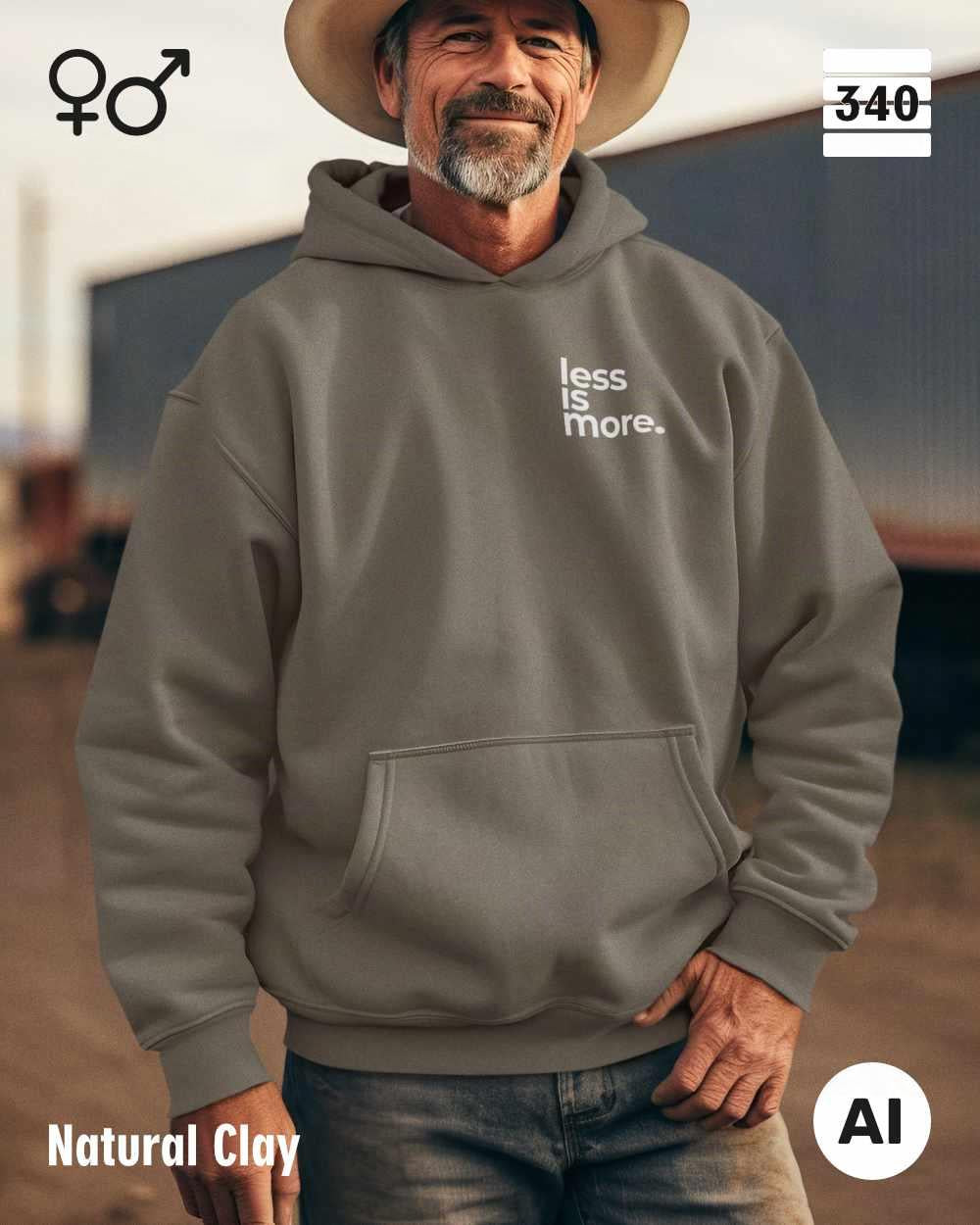 hier siehst man eine person, die einen Oversized Design-Hoodie unisex in der farbe natural clay mit dem minimalistischen motiv "less is more" trägt.