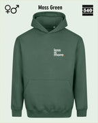 das bild zeigt den Oversized Design-Hoodie JH111 unisex in der farbe moss green mit dem minimalistischen motiv "less is more".